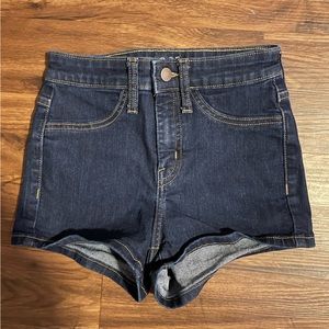 high rise medium wash jean shorts
